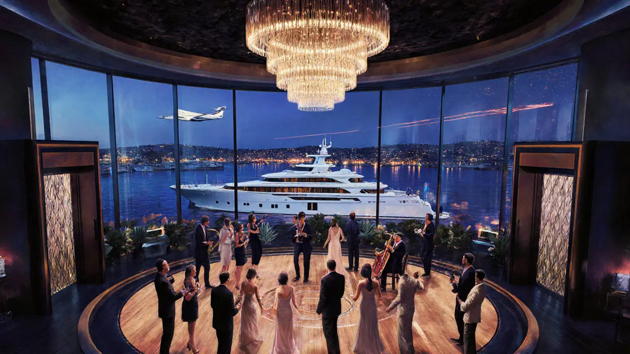 Opaline nightclub&#039;s dance floor with panoramic harbor views, guests in formal attire, and a private yacht below under twilight skies.