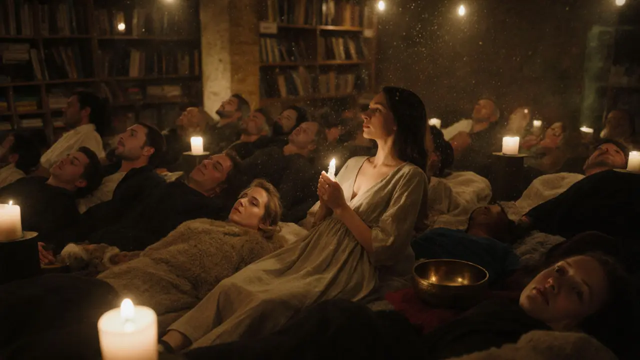 People lying on blankets in a basement sound bath, surrounded by singing bowls and candlelight.