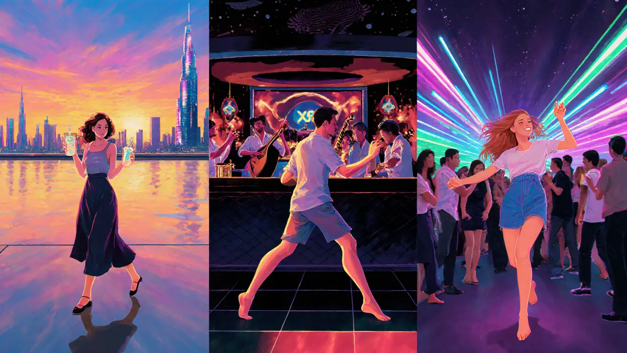 Person moving through Dubai&#039;s nightlife from rooftop bar to dance club under neon lights.