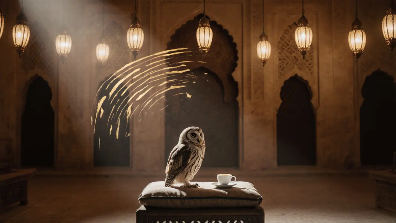 Quiet traveler sipping mint tea in a lantern-lit courtyard with soft oud music in the air.