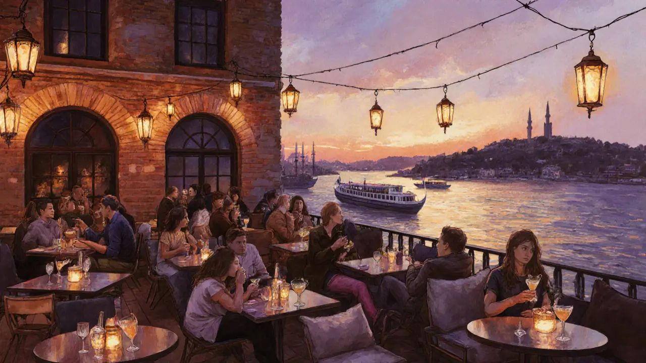 Rooftop bar Karaköy Life at sunset with patrons sipping cocktails as the Golden Horn glows below.