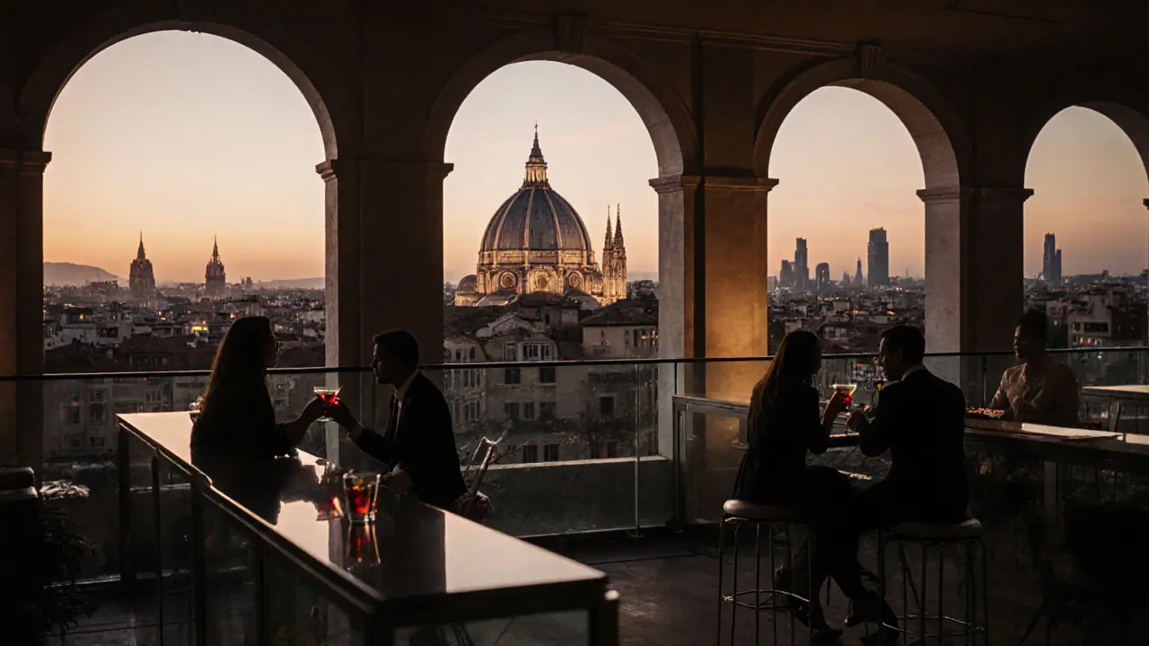 Rooftop bar overlooking Milan’s Duomo at dusk with couples sipping cocktails against a glowing skyline.