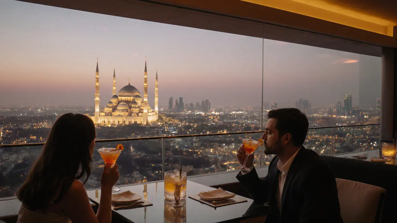 Rooftop lounge with stunning view of the illuminated grand mosque at sunset.