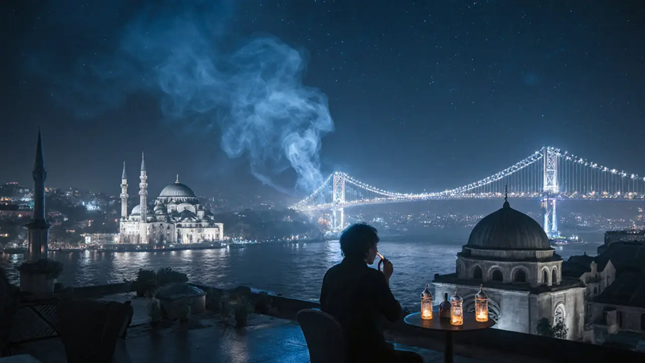 Silhouette of a person on a rooftop at midnight overlooking Istanbul&#039;s lit Bosphorus Bridge.