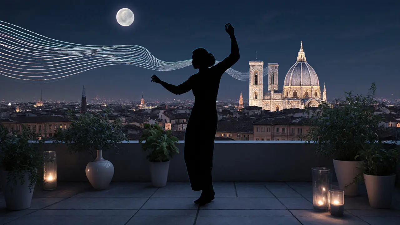 Silhouetted dancer on a rooftop with the Duomo glowing behind under moonlit sky.