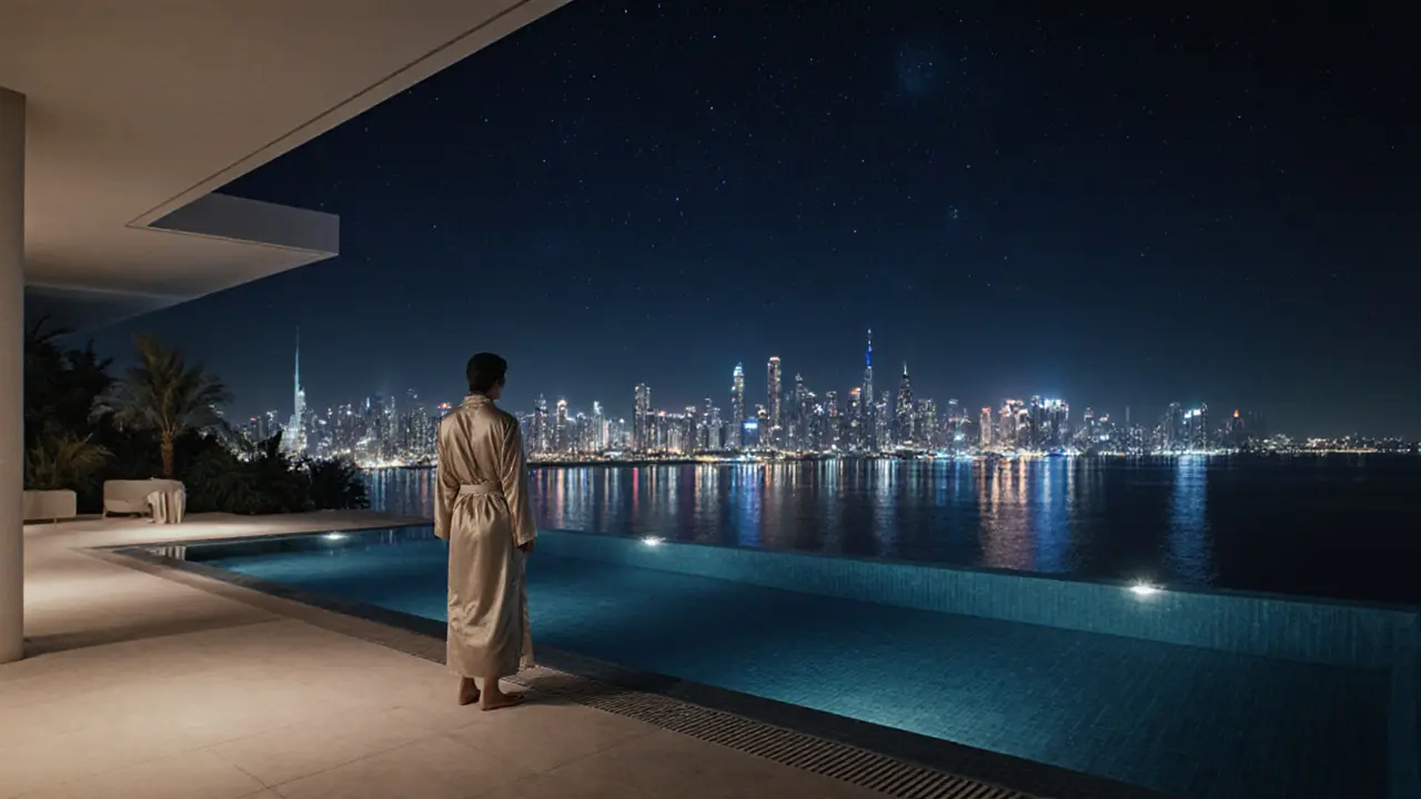 Silhouetted figure at a private villa infinity pool overlooking Dubai&#039;s night lights.