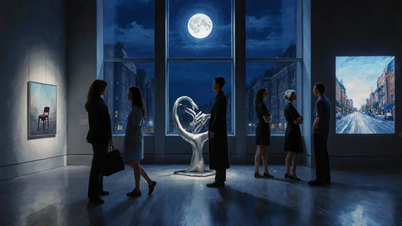 Silhouettes of diverse individuals in a Berlin art gallery at night.