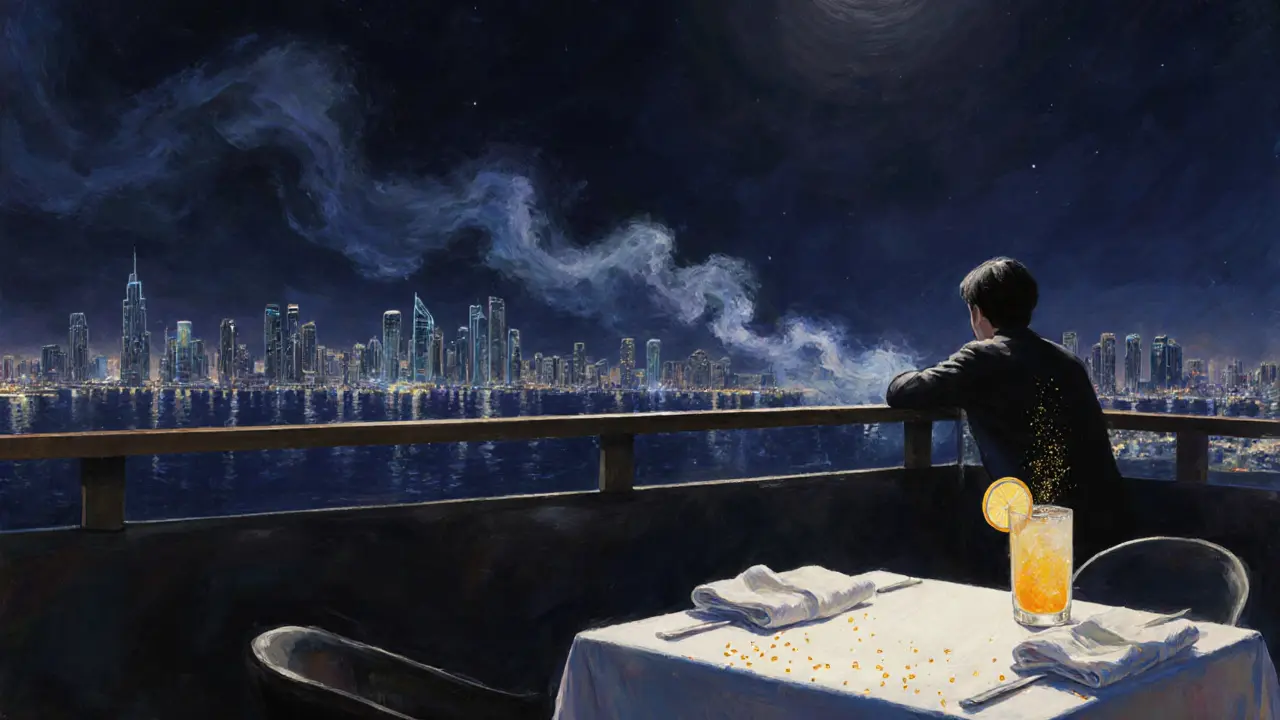 Solitary figure on rooftop terrace overlooking Abu Dhabi skyline