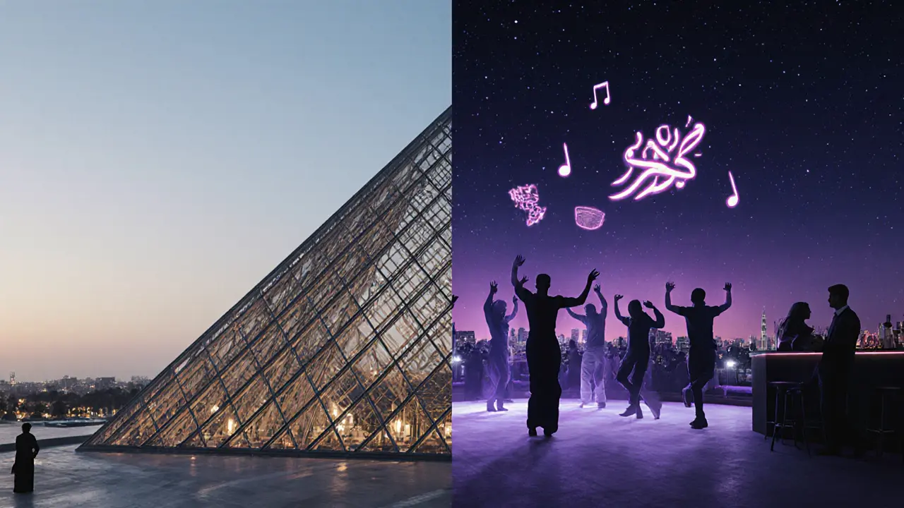 Surreal transition from Louvre Abu Dhabi by day to a starlit rooftop party with glowing music patterns in the night sky.