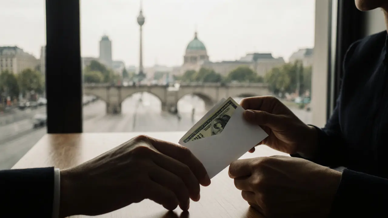 Two hands exchange cash on a clean table, with Berlin's skyline visible through a window.