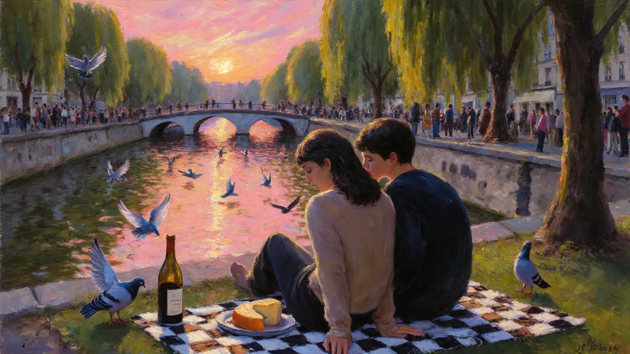 Two people enjoy a quiet picnic by Canal Saint-Martin at sunset, wine and cheese on a blanket, willow trees and pétanque players in the background.