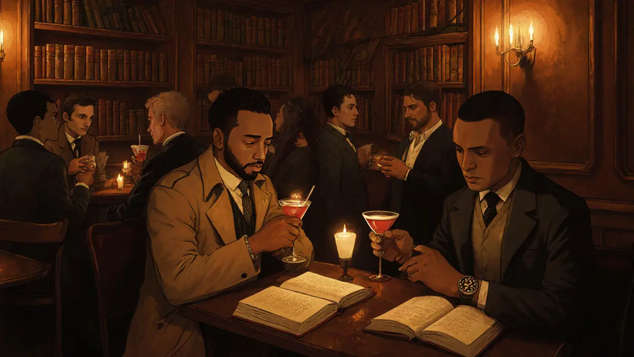 Two people in a hidden London speakeasy, deeply engaged in conversation among bookshelves and candlelight.