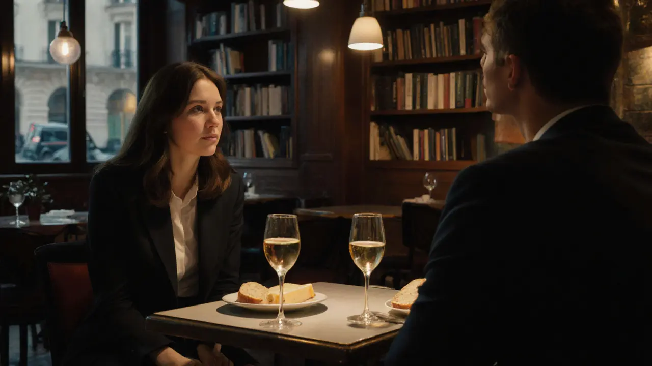 Two people share quiet conversation in a Parisian café, wine glasses and bread on the table, soft lighting around them.