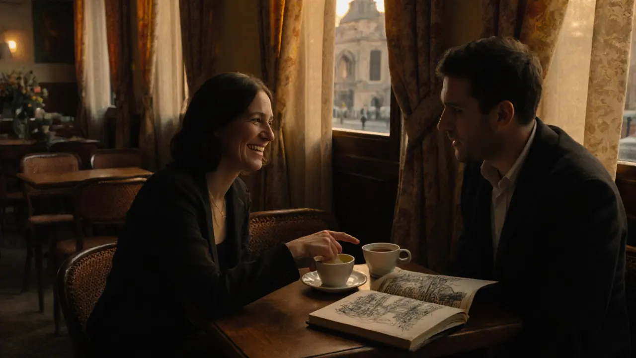 Two people sharing espresso and laughter in a cozy Milan café near Navigli.