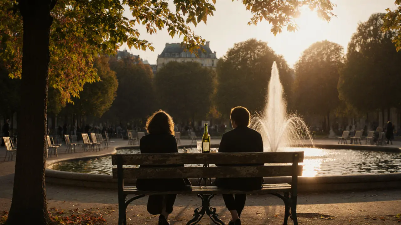 Two people sitting quietly on a bench in Luxembourg Gardens at dusk, wine cups and a bottle beside them, fountain glowing softly in the background.