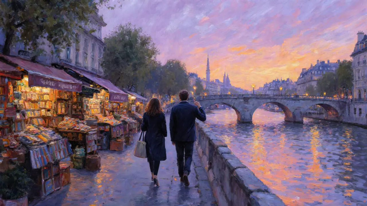 Two people walking peacefully along the Seine at sunset, enjoying companionship amid Parisian streets and bridges.