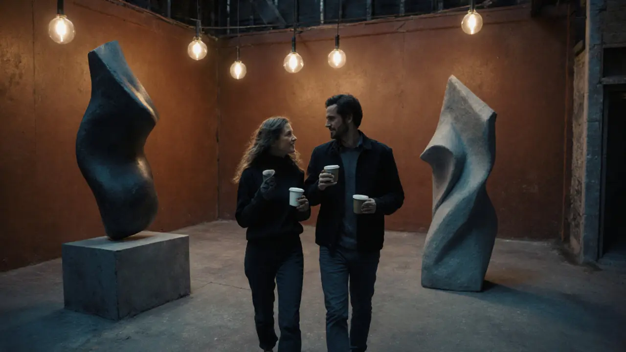 Two people walking through an art-filled courtyard in Alserkal Avenue at dusk.