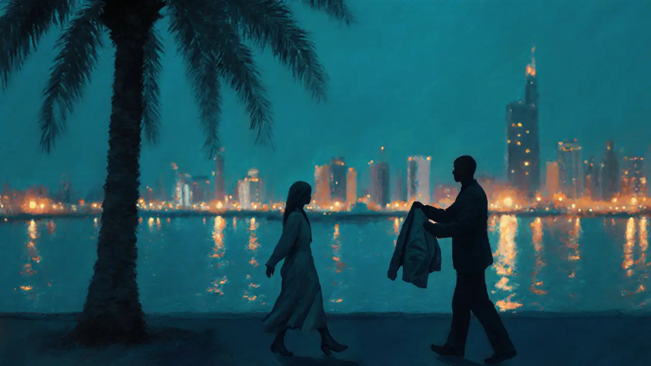 Two silhouettes walking along the Abu Dhabi Marina at dusk, city lights glowing on the water behind them.