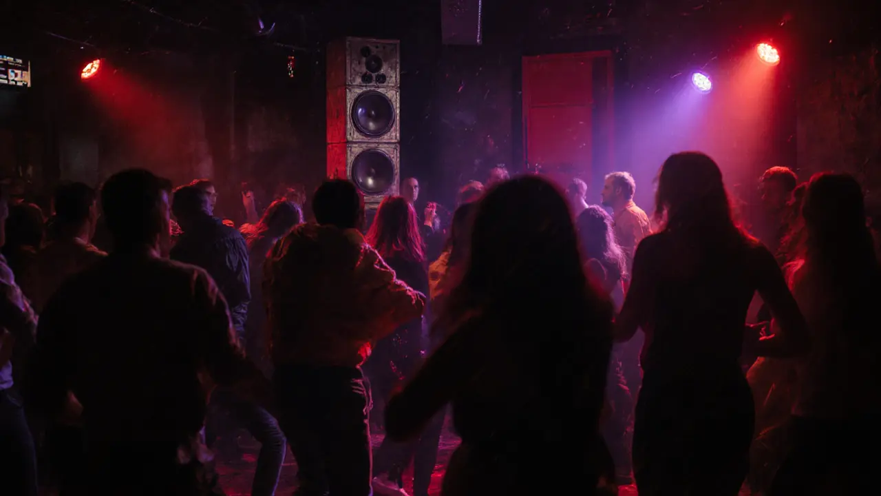 Underground club in Beyoğlu with pulsing lights and dancing crowd in dim smoke-filled room.