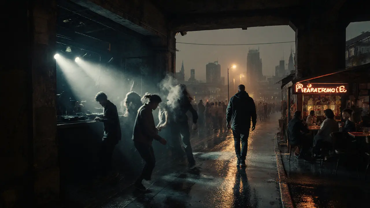 Underground techno club in Porta Ticinese with dancers under strobe lights, someone walking toward late-night pizza.