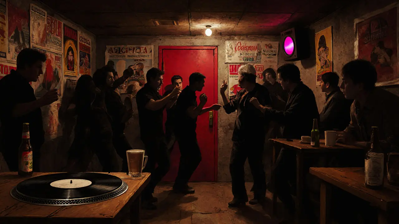 Underground venue Arkaoda with locals dancing to vinyl records in a dim, intimate basement setting.