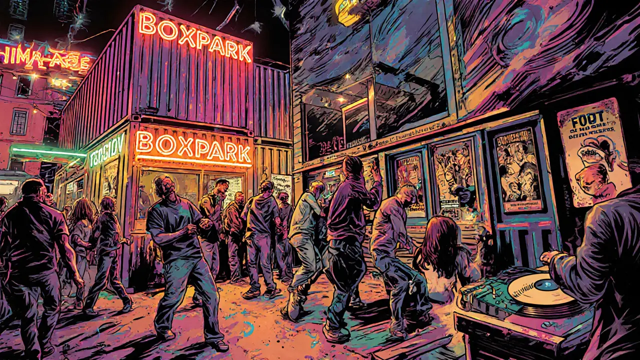 Vibrant Shoreditch street scene with neon signs, dancing crowds, and shipping container bars.