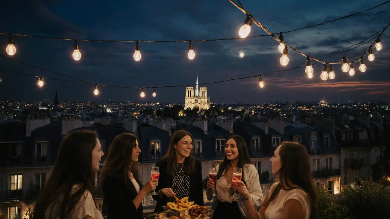 Women on a rooftop terrace in Paris with city lights and Notre-Dame in the background.