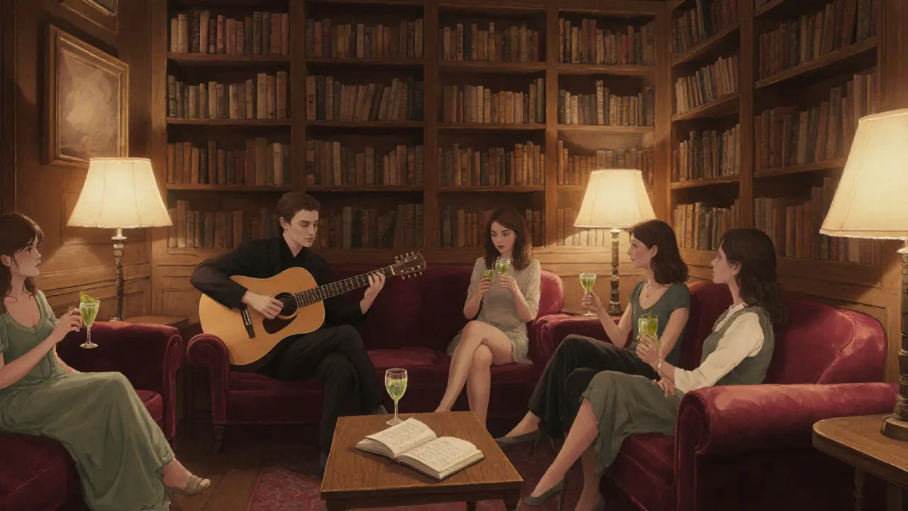 Women relaxing in a cozy book-lined jazz bar with soft lighting and acoustic music.