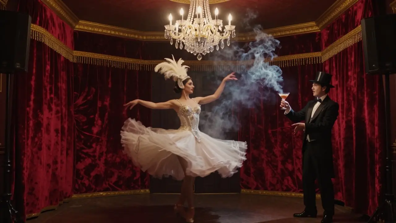 A burlesque dancer spins under a crystal chandelier while a magician makes a drink disappear.