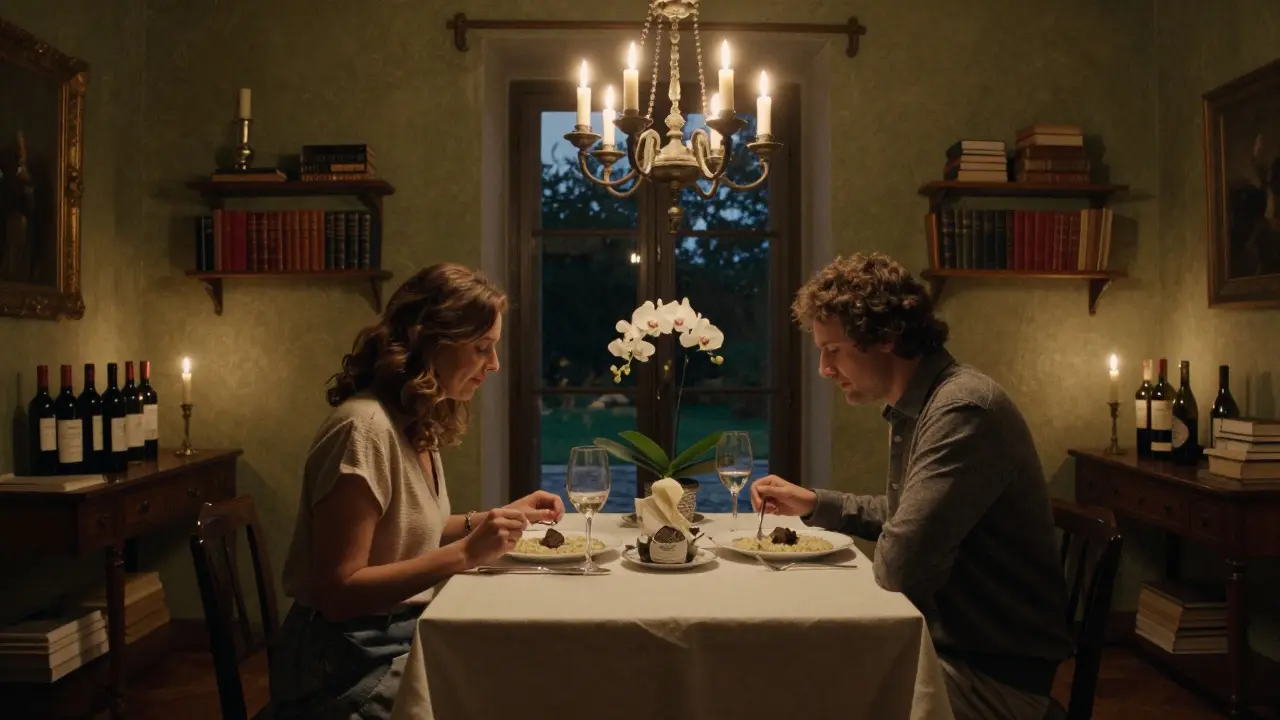 A candlelit private dinner in a Milan villa, featuring fine dining and elegant surroundings.