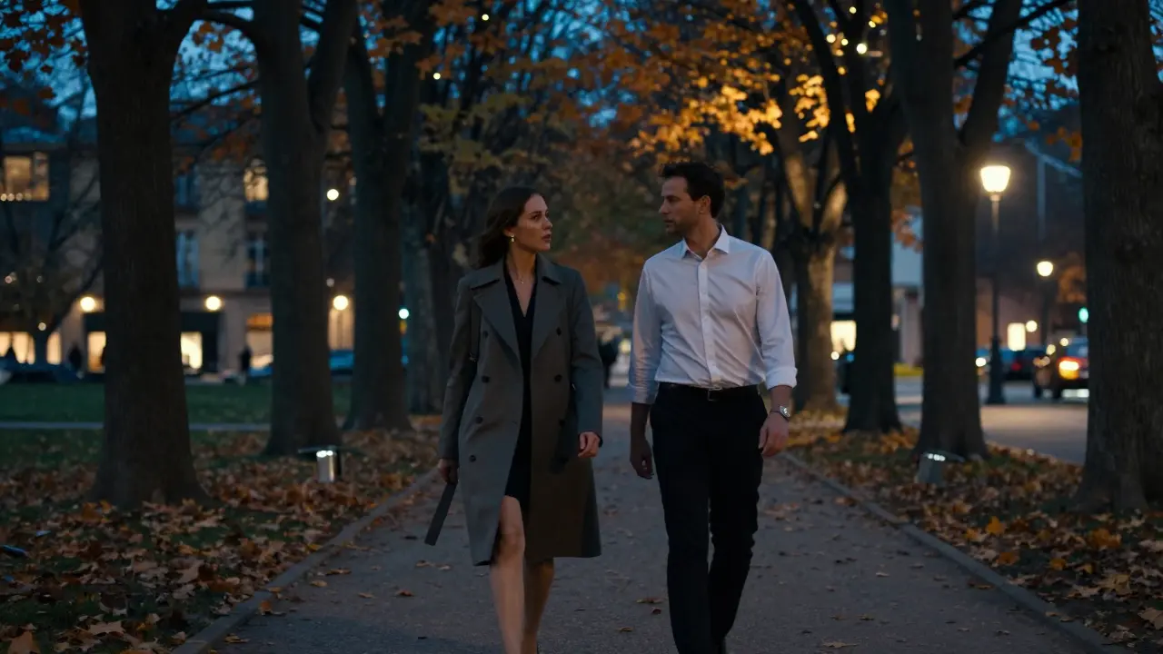 A couple walks quietly through Parco Sempione at twilight, maintaining polite distance and calm demeanor.