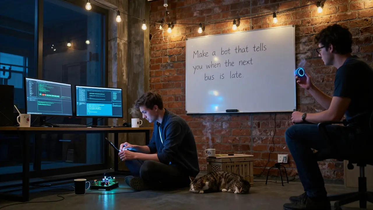 A developer debugging a Raspberry Pi late at night in a co-working space with a whiteboard challenge.
