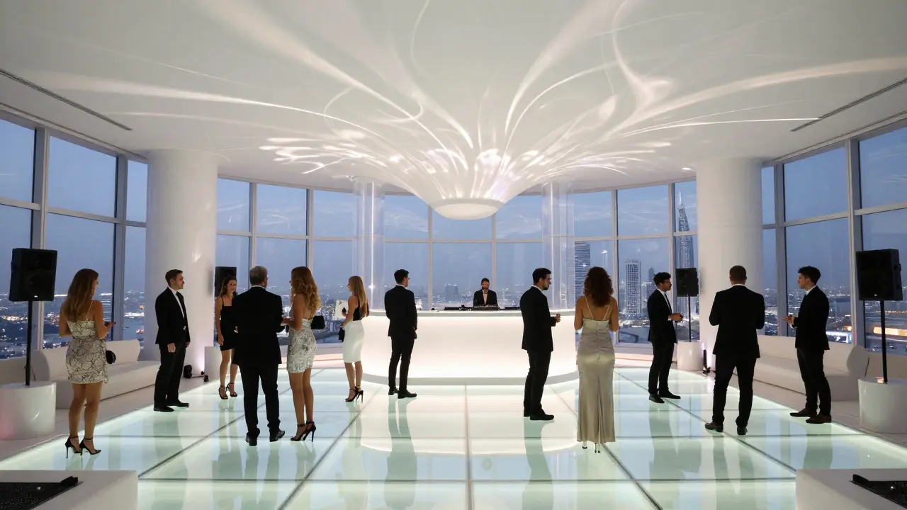 A glowing white superclub on the 52nd floor with pulsing glass floors and ambient light installations.