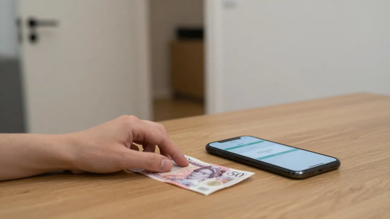 A hand places cash beside a phone showing a bank transfer, in a clean, minimalist room.