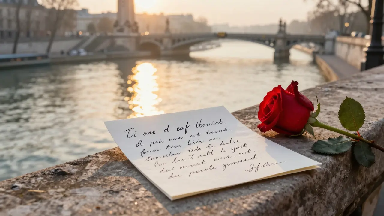 A handwritten note and a single red rose rest on a windowsill overlooking the Seine at sunrise.