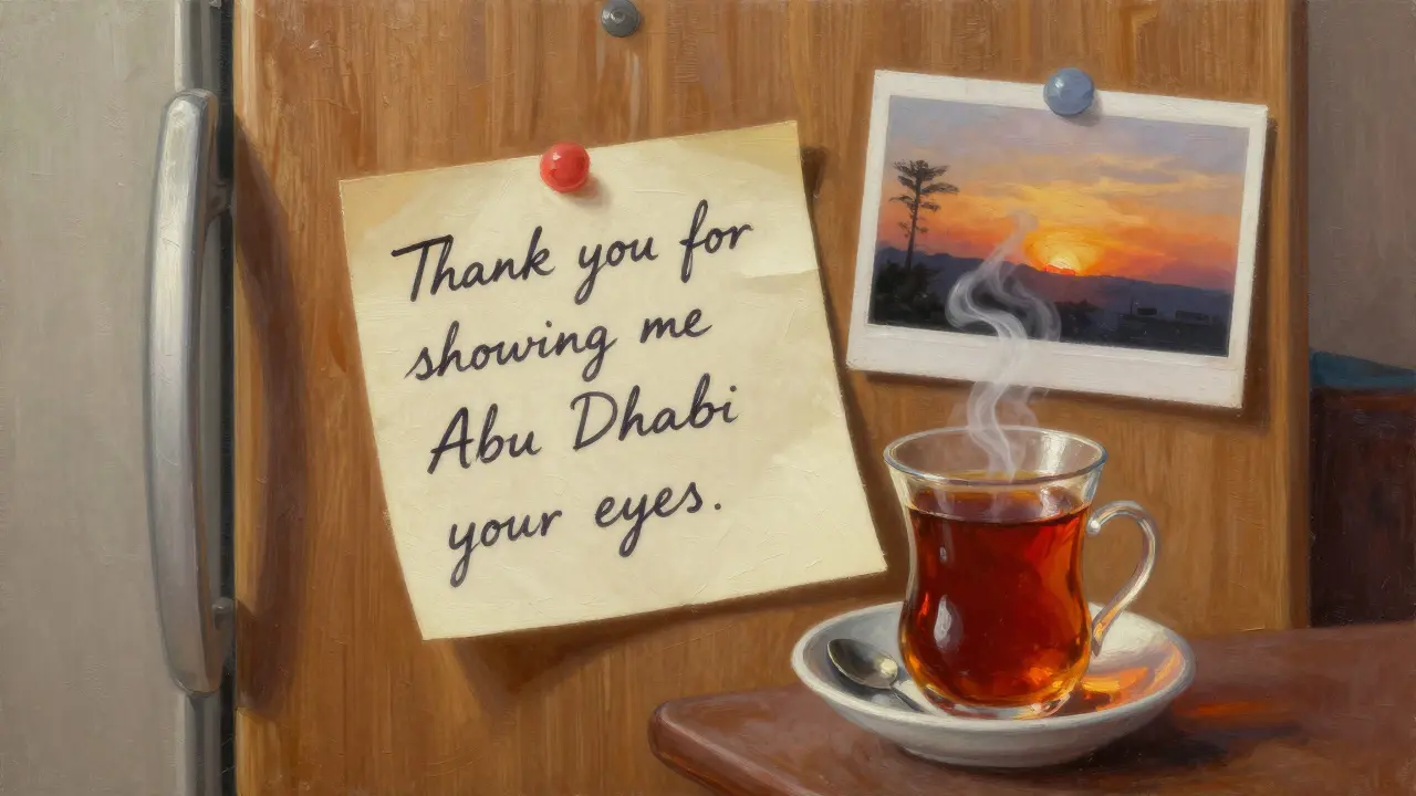 A handwritten note on a fridge beside a sunset photo, symbolizing a meaningful, respectful connection.