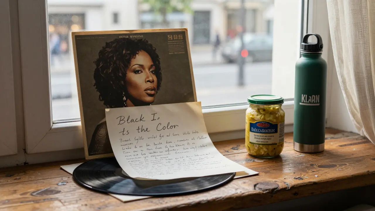 A handwritten note, vinyl record, sauerkraut jar, and reusable bottle on a windowsill in Kreuzberg.