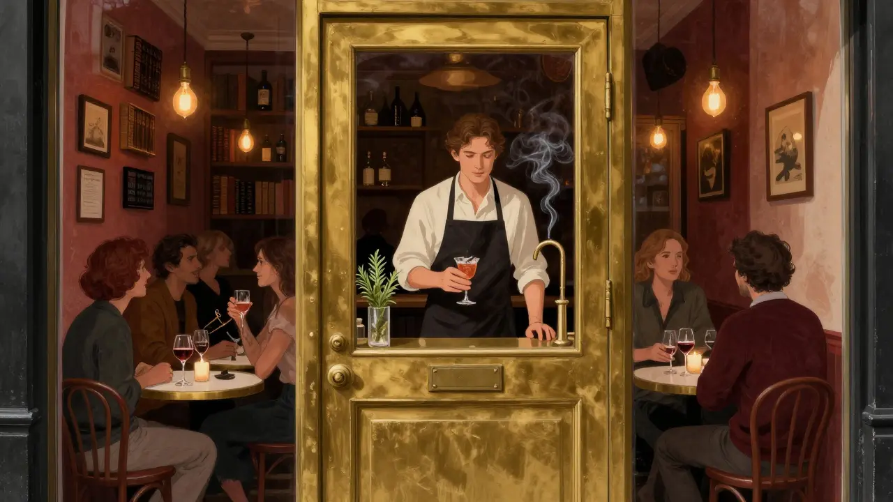 A hidden bar behind a bakery door, lit by candles, with mixologists crafting artisanal drinks in a warm, intimate space.