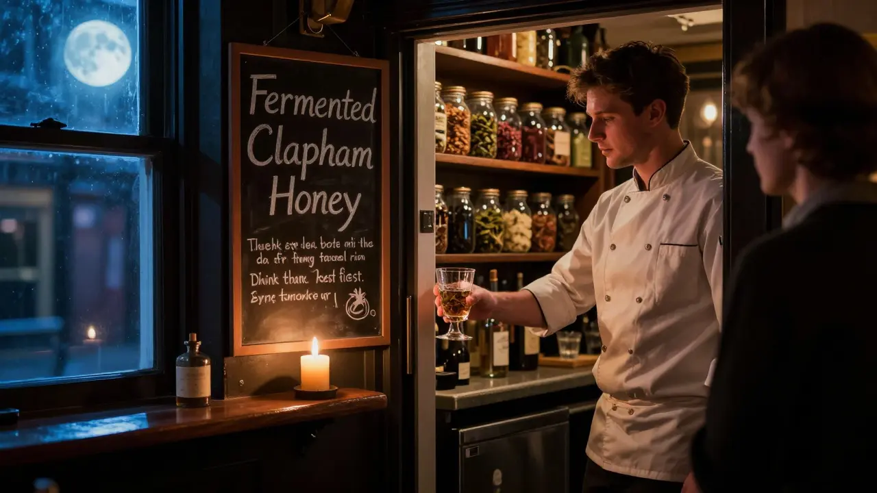 A hidden bar behind a freezer door, lit by candles, with a bartender serving a drink beside a handwritten chalkboard menu.