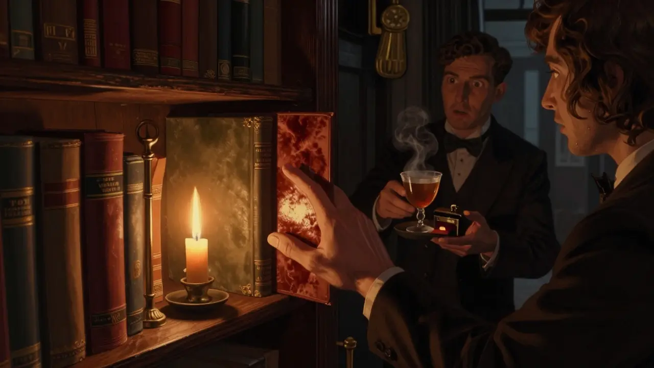 A hidden bookshelf opens to reveal a cozy 1920s speakeasy with candlelight and a lockbox cocktail.