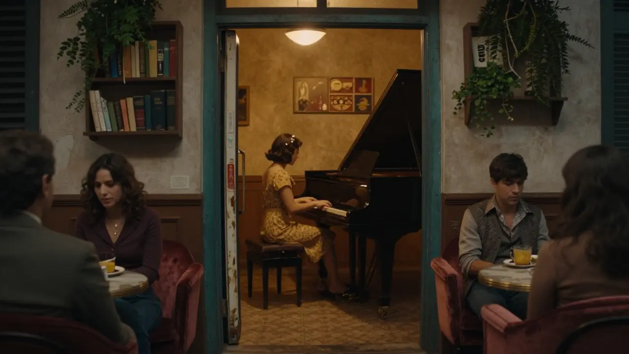 A hidden jazz lounge with a piano, warm light spilling from a fridge door entrance.