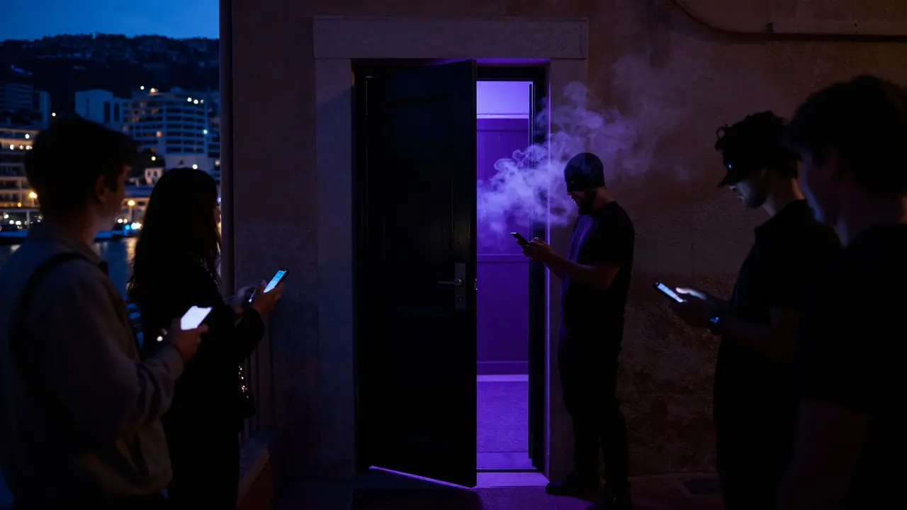 A hidden nightclub entrance at night with smoke and silhouettes, no signs or lights visible.