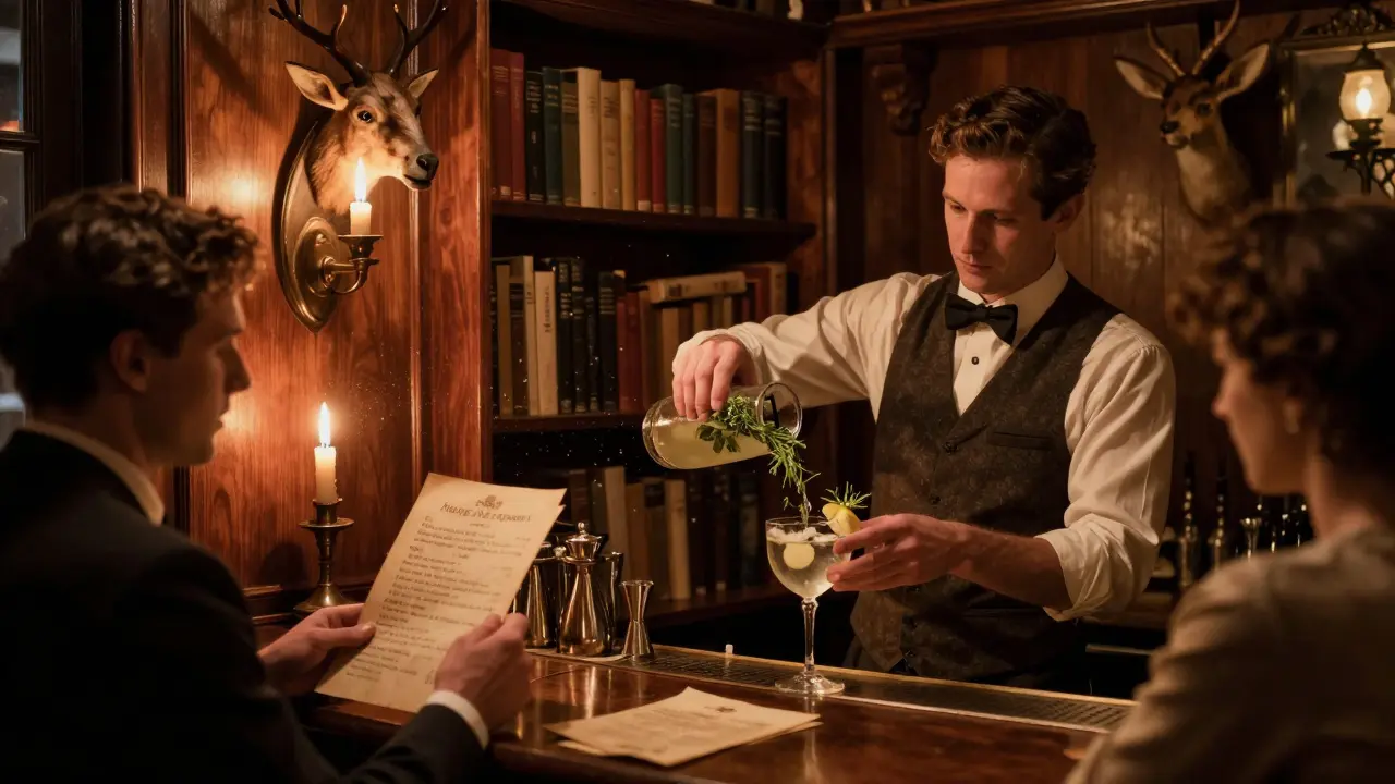 A hidden speakeasy behind a bookshelf, lit by candles, with taxidermy on the walls and a bartender pouring artisanal gin.