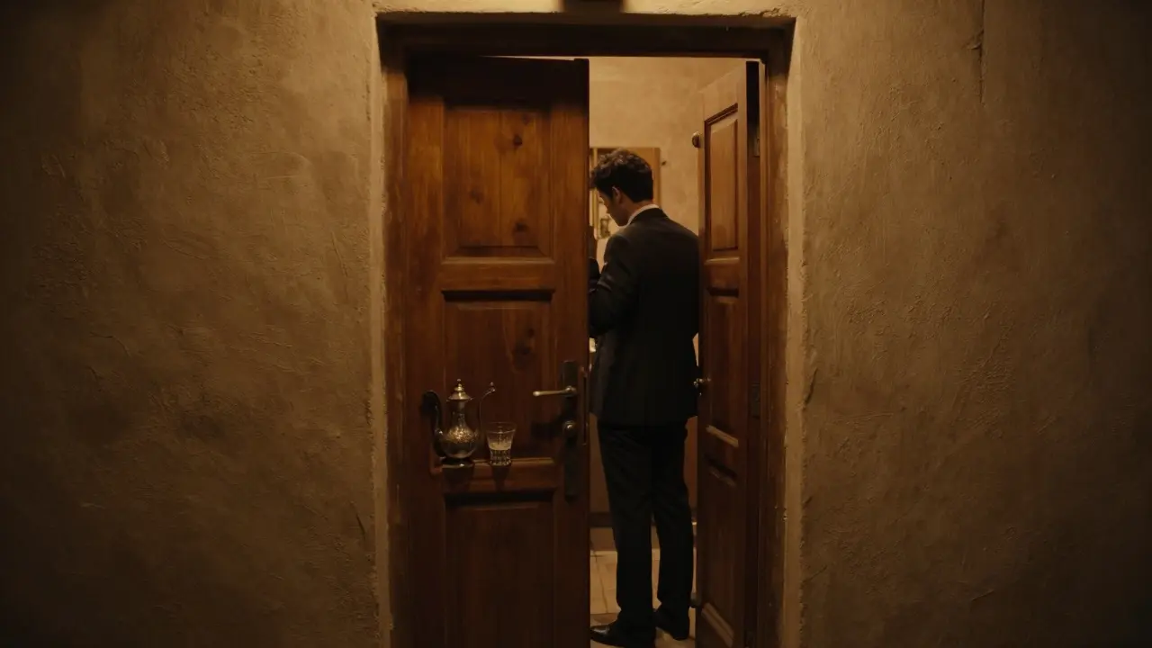 A hidden speakeasy entrance in Abu Dhabi with warm light spilling from a door in a quiet alley at night.