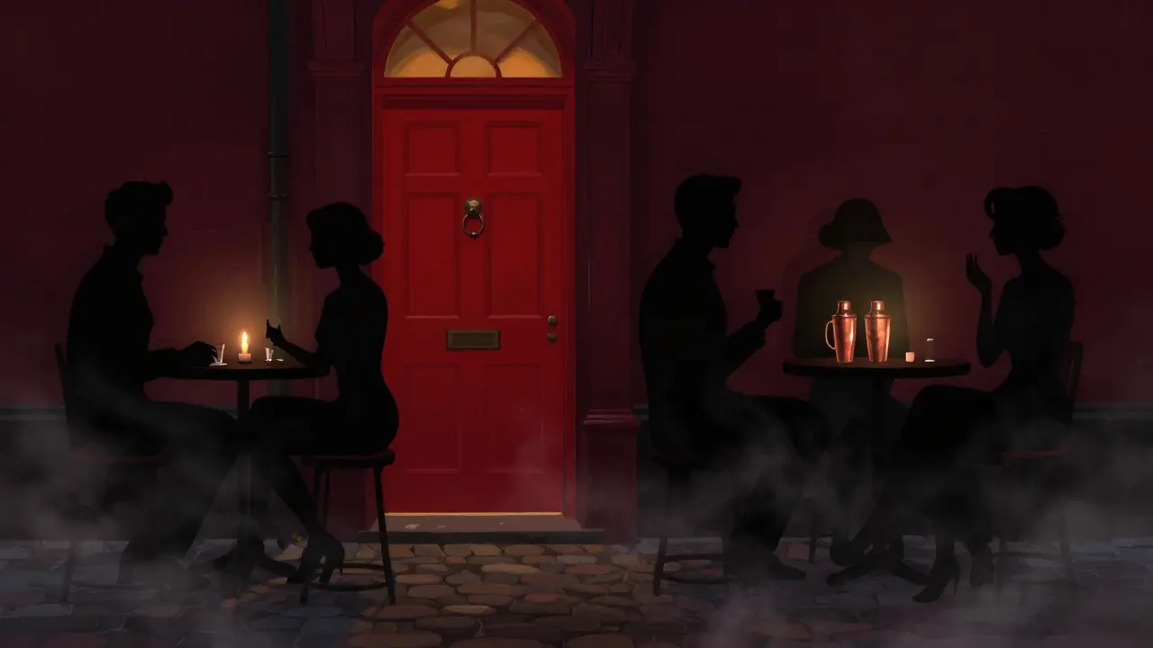 A hidden speakeasy entrance in Covent Garden with a red door and dim candlelight.