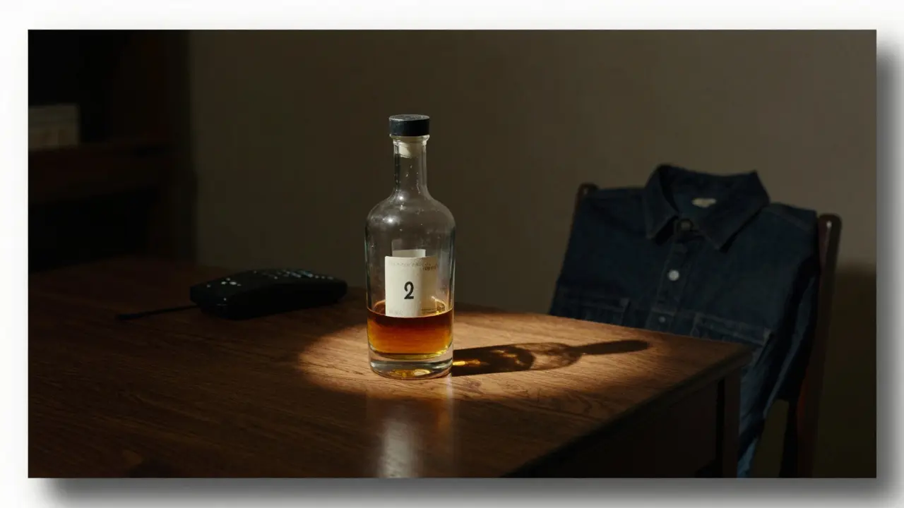 A lone numbered decanter pours whiskey in a quiet apartment, no people, only silence and luxury.