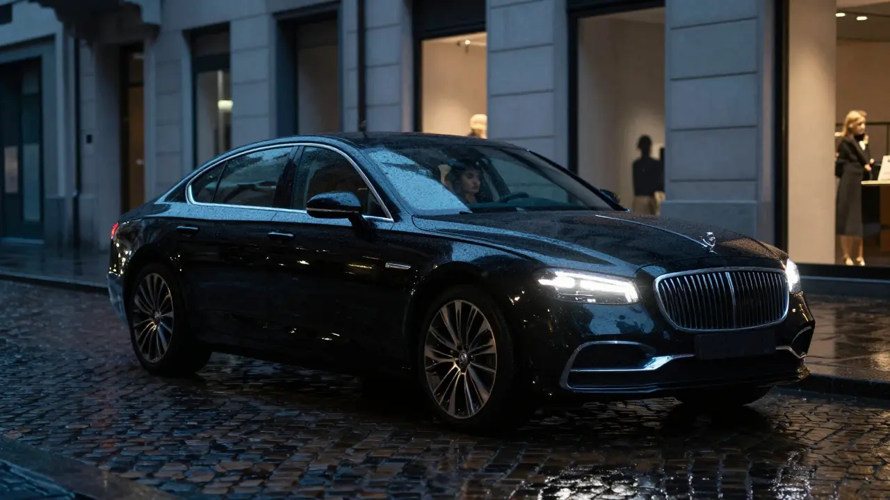 A luxury car driving through a rainy Milan street at night, with a discreet silhouette in the back window.