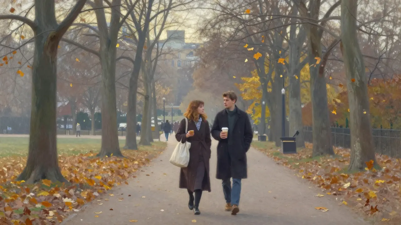 A man and woman walk peacefully through Tiergarten park at dawn, enjoying quiet companionship.