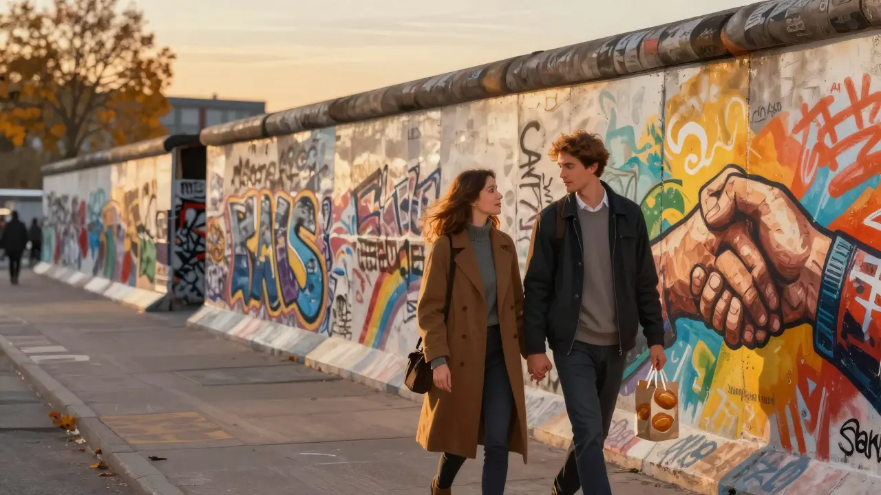 A man and woman walking along the East Side Gallery, holding hands as golden light falls on graffiti murals.