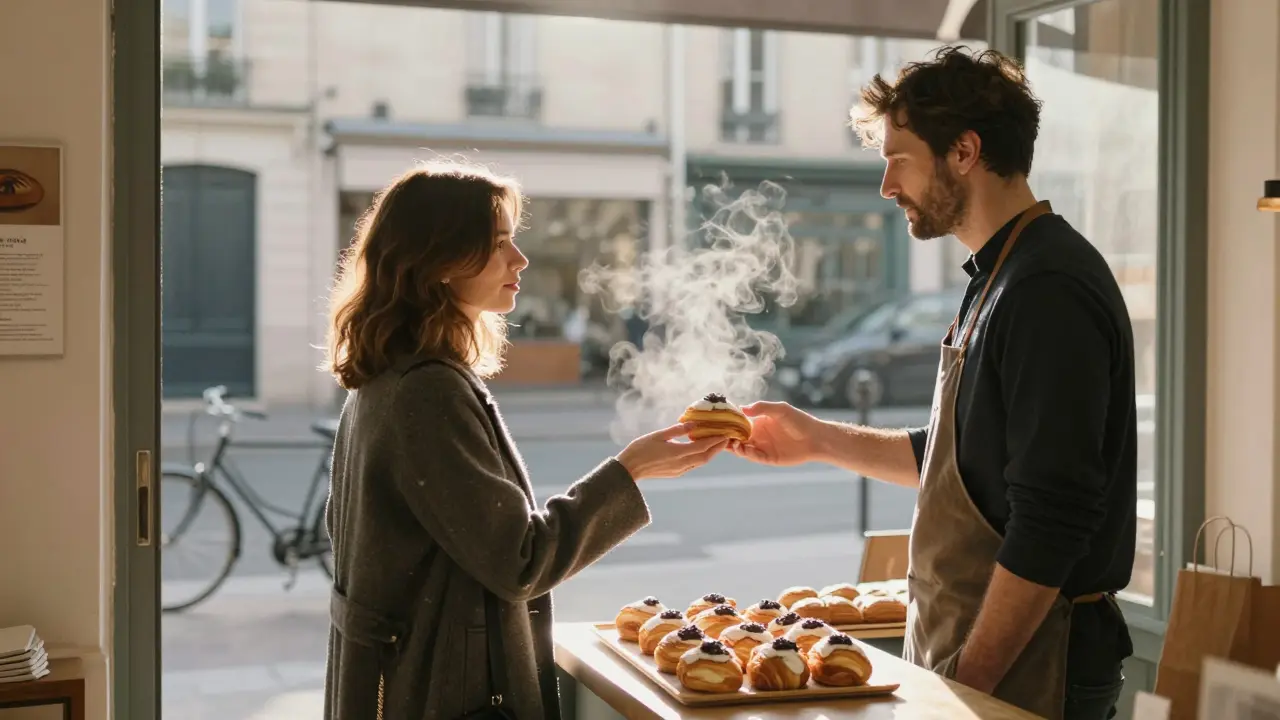 A man receiving fresh pastry from a baker at a quiet Parisian bakery at sunrise.